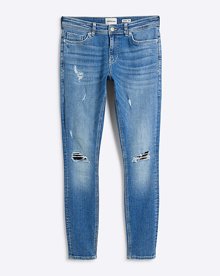 Blue Super Skinny Spray On Ripped Jeans