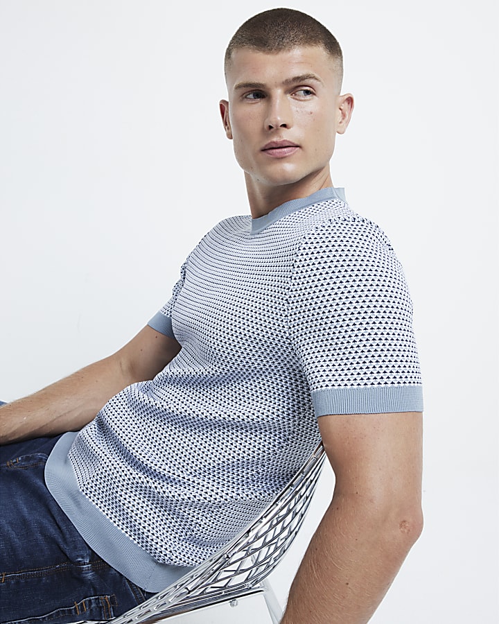 Grey muscle fit stretch jacquard knit t-shirt