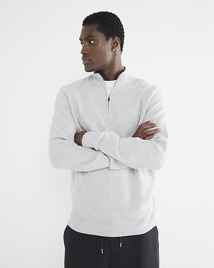 Grey Waffle Knit Half Zip Jumper