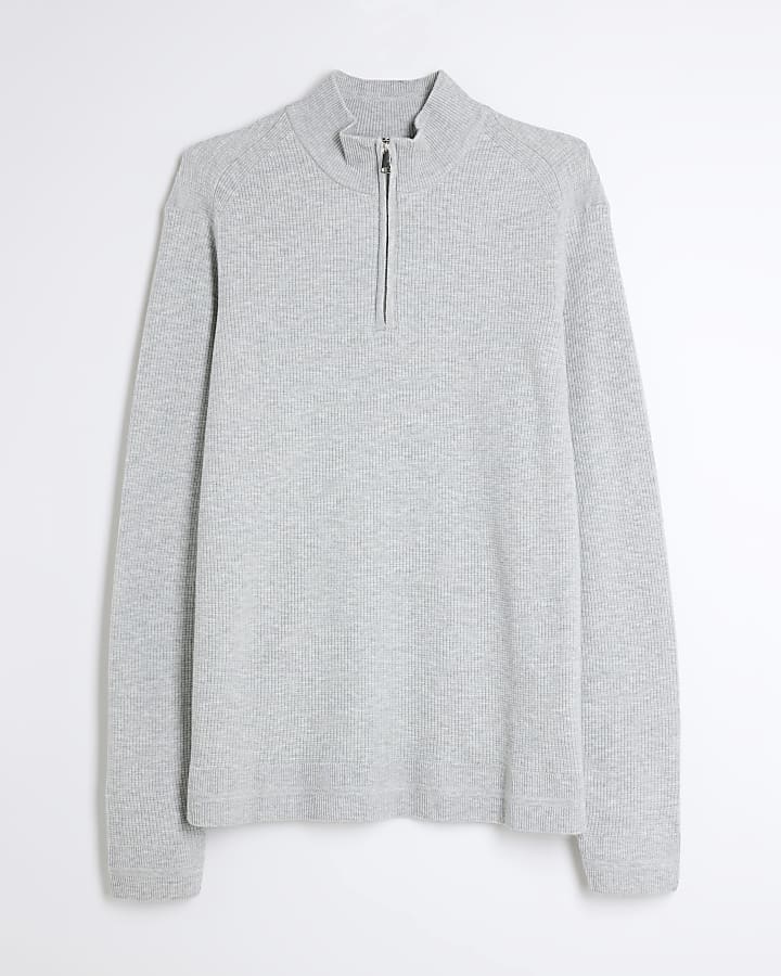 Grey Waffle Knit Half Zip Jumper