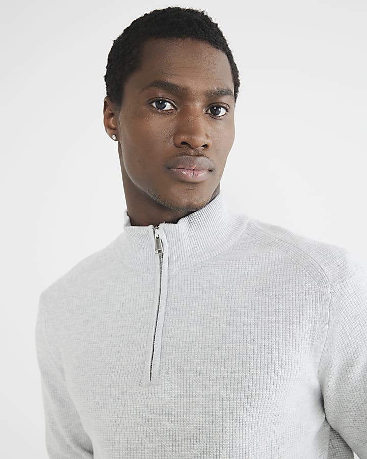 Grey Waffle Knit Half Zip Jumper