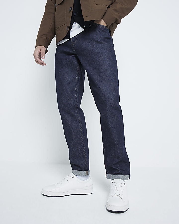 Dark blue selvedge slim jeans with rolled hem