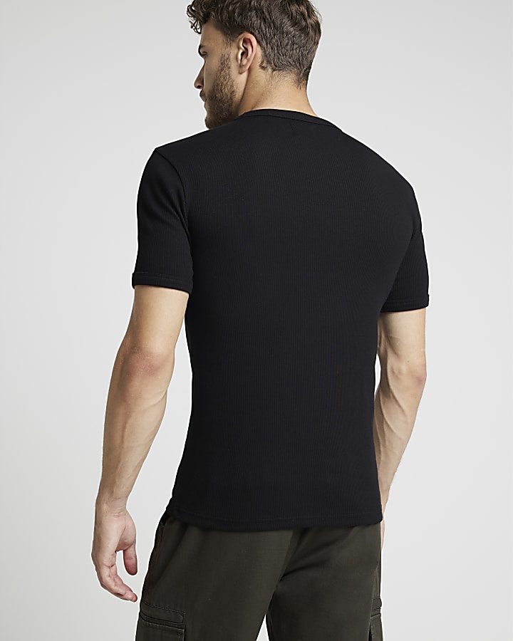 Black muscle fit stretch ribbed t-shirt