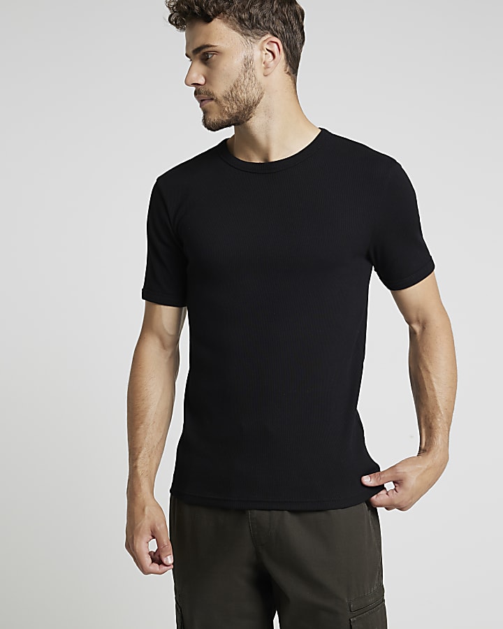 Black muscle fit stretch ribbed t-shirt