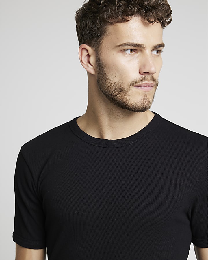 Black muscle fit stretch ribbed t-shirt