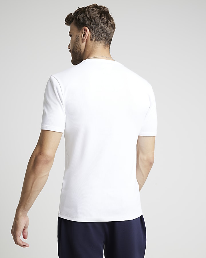 White muscle fit stretch ribbed t-shirt