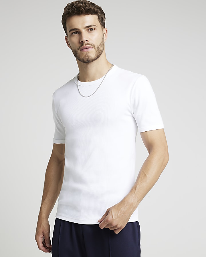 White muscle fit stretch ribbed t-shirt