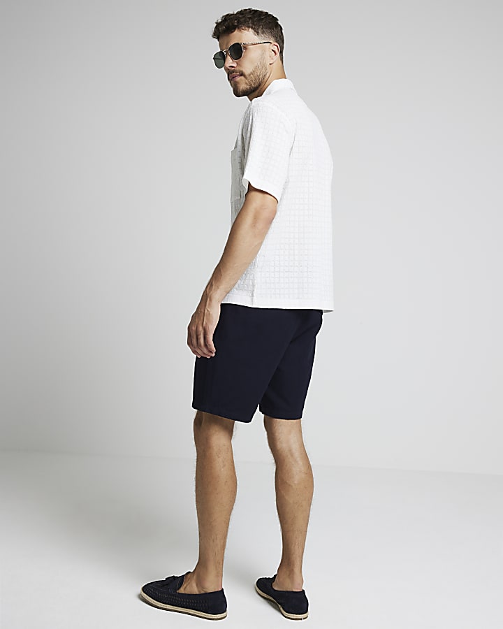 Navy regular fit textured shorts