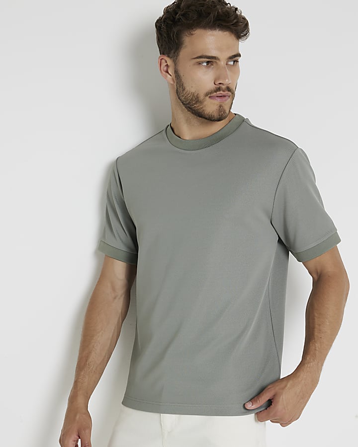 Khaki slim fit textured smart t-shirt