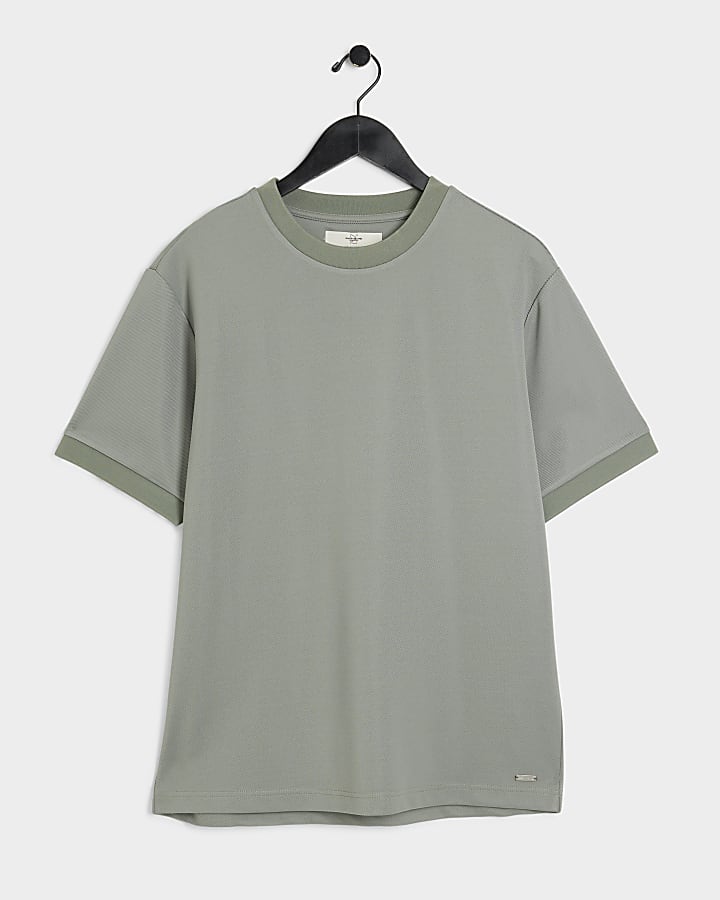 Khaki slim fit textured smart t-shirt