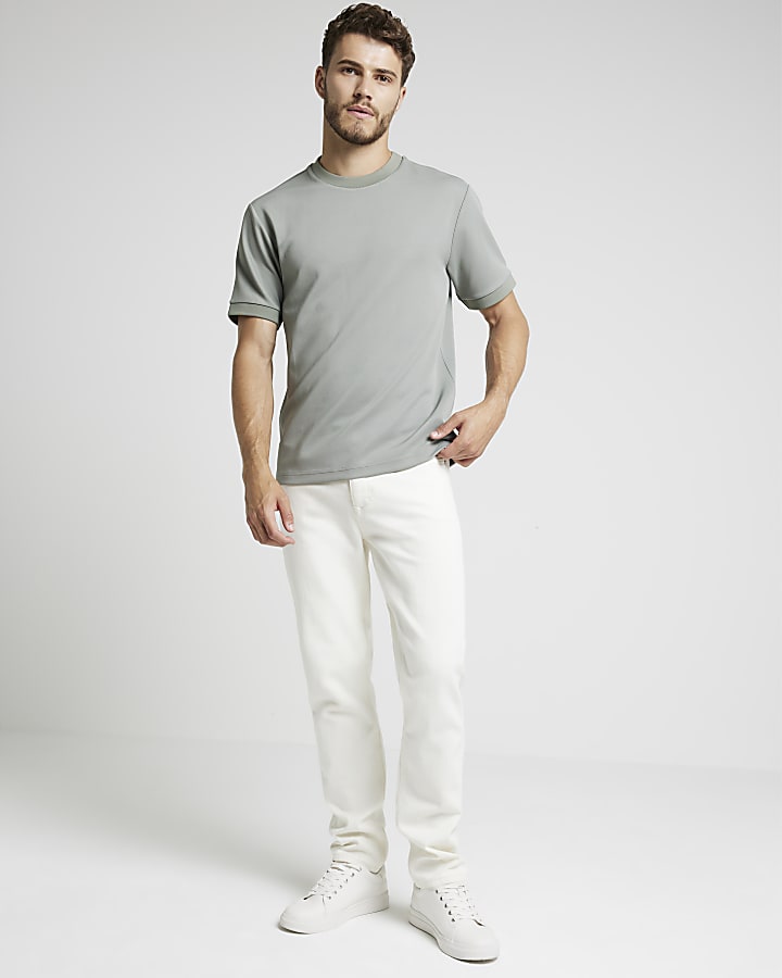 Khaki slim fit textured smart t-shirt