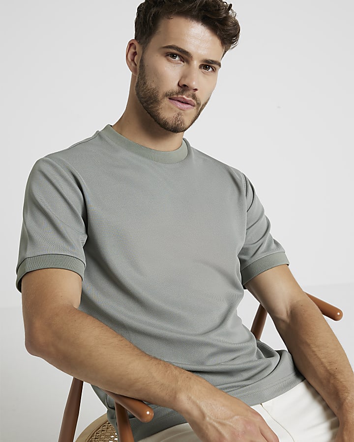 Khaki slim fit textured smart t-shirt