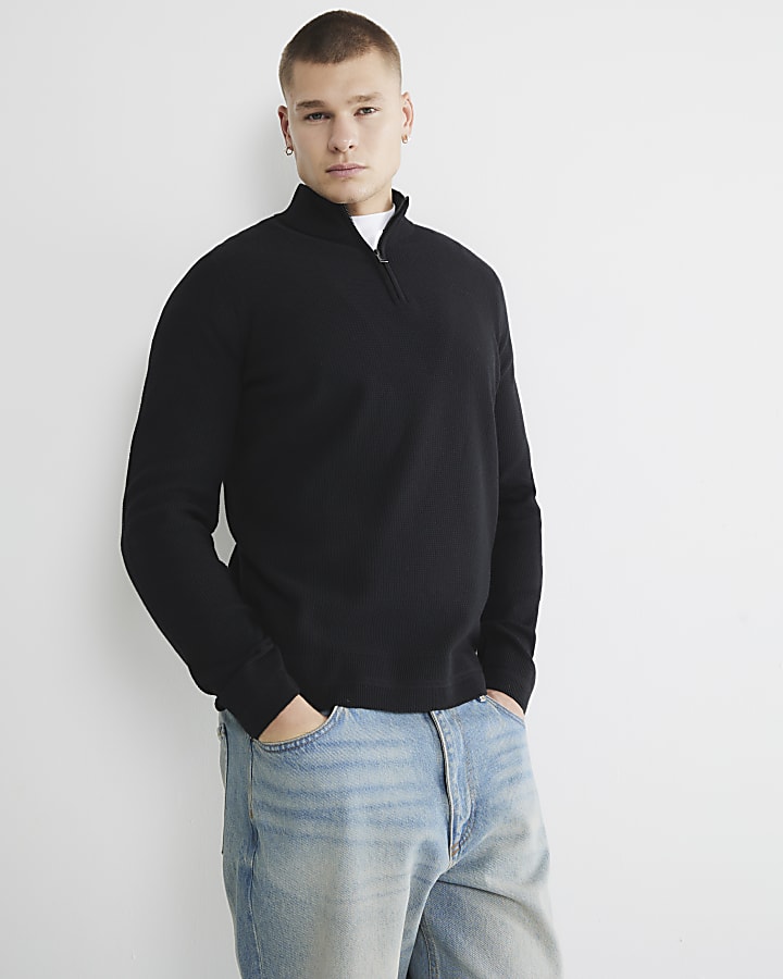 Black Slim Fit Waffle Half Zip Jumper