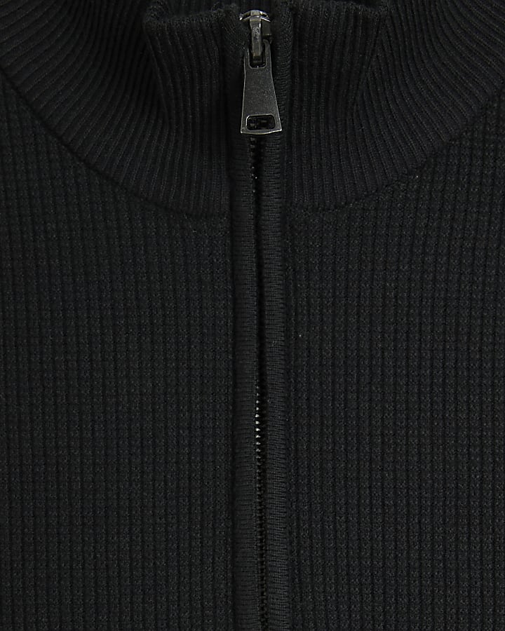 Black Slim Fit Waffle Half Zip Jumper