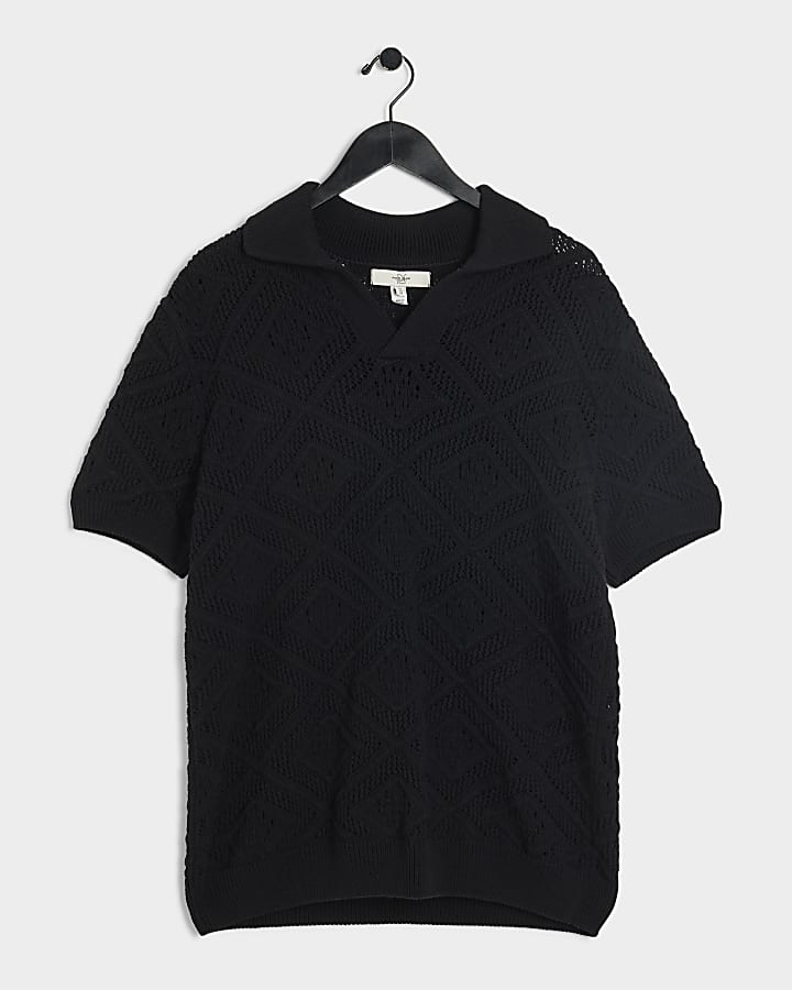 Black regular fit crochet short sleeve polo