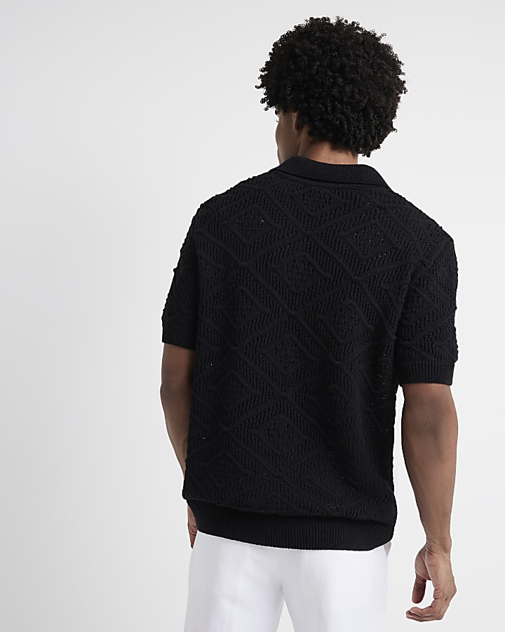 Black regular fit crochet short sleeve polo