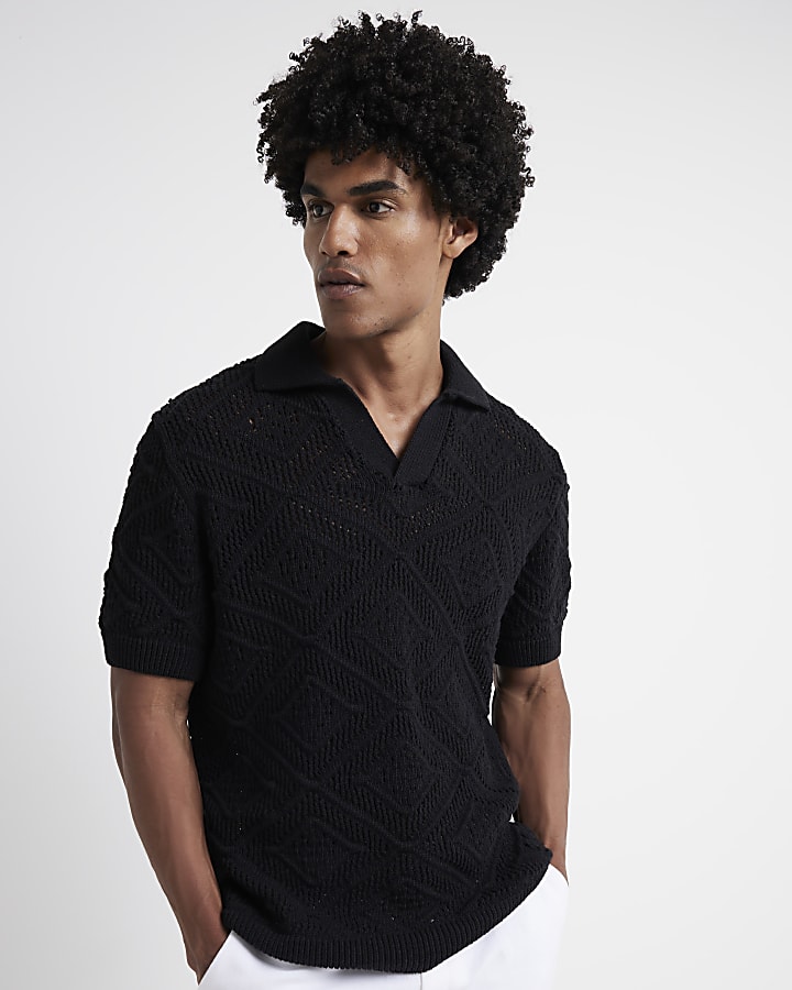 Black regular fit crochet short sleeve polo