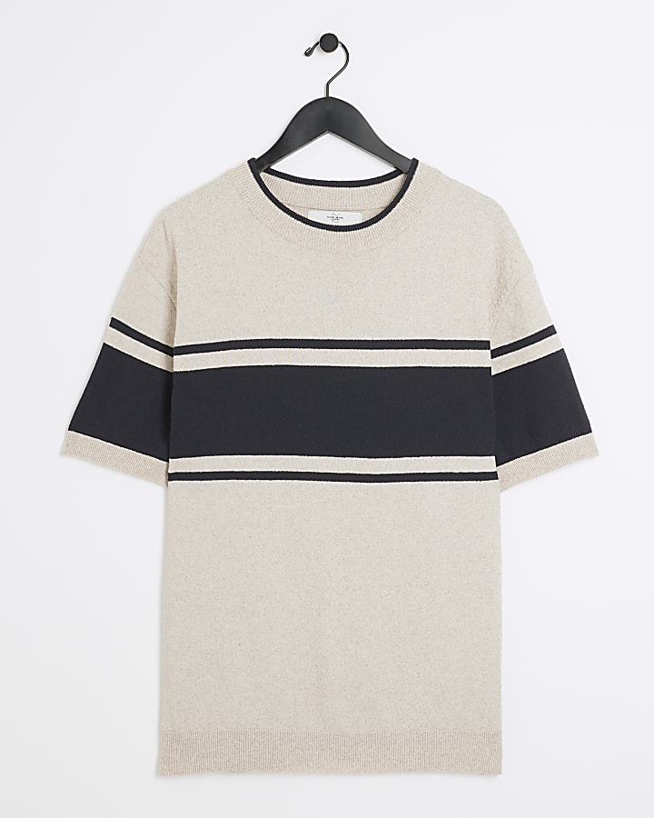 Beige slim fit boucle colour block t-shirt