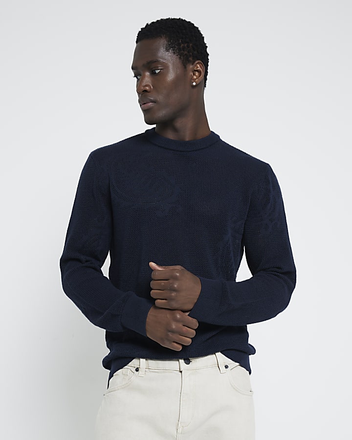 Navy slim fit crochet cable knit jumper