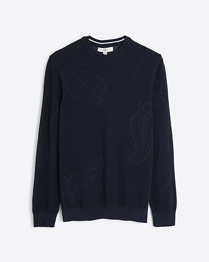 Navy slim fit crochet cable knit jumper