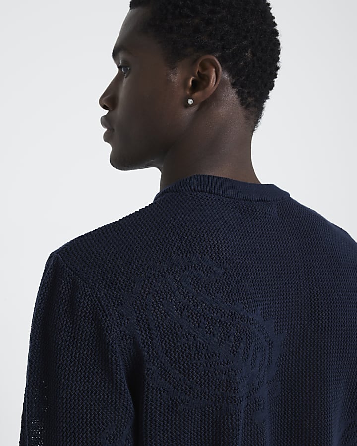 Navy slim fit crochet cable knit jumper