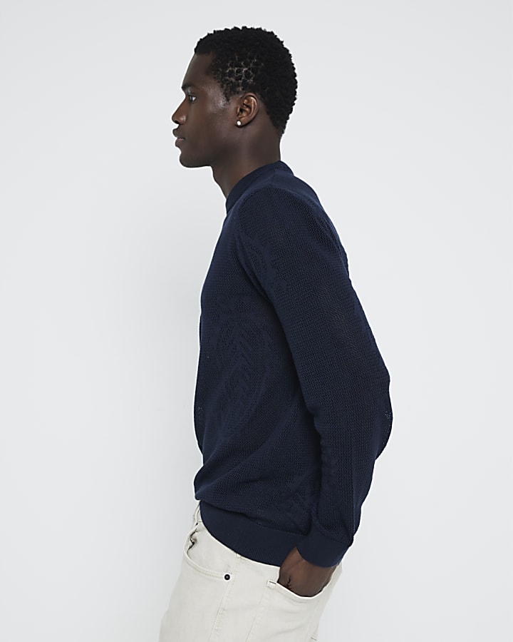 Navy slim fit crochet cable knit jumper