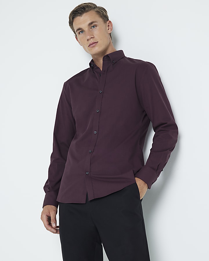 Red muscle fit textured long sleeve shirt