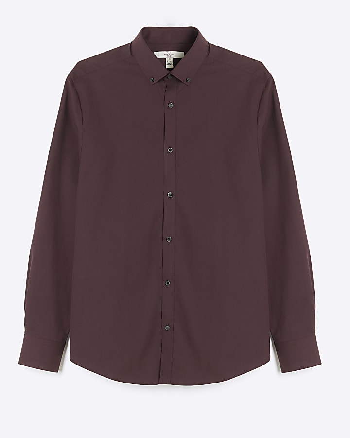 Red muscle fit textured long sleeve shirt