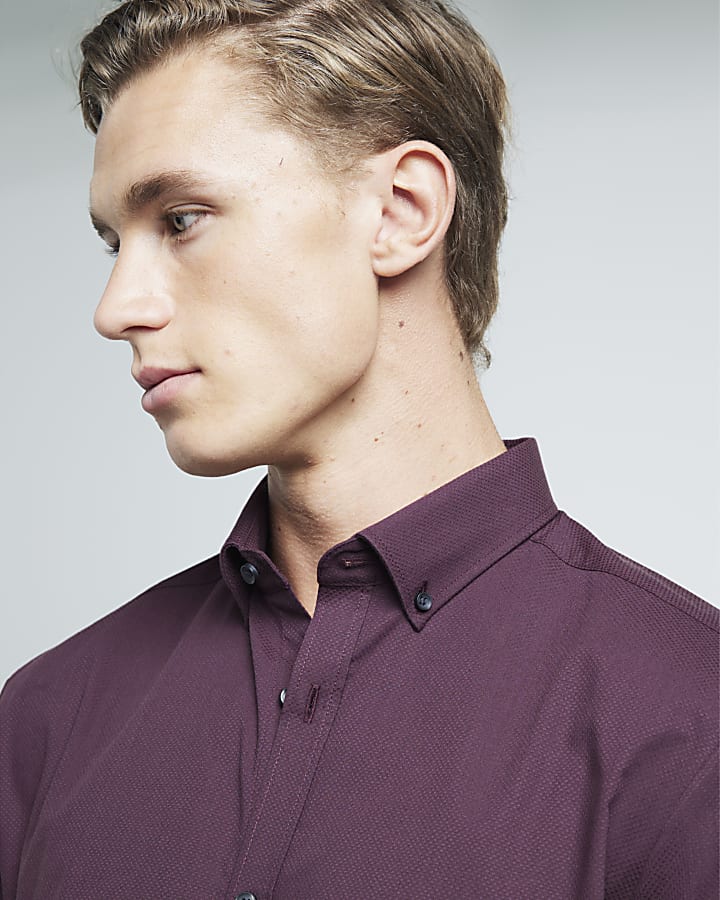 Red muscle fit textured long sleeve shirt