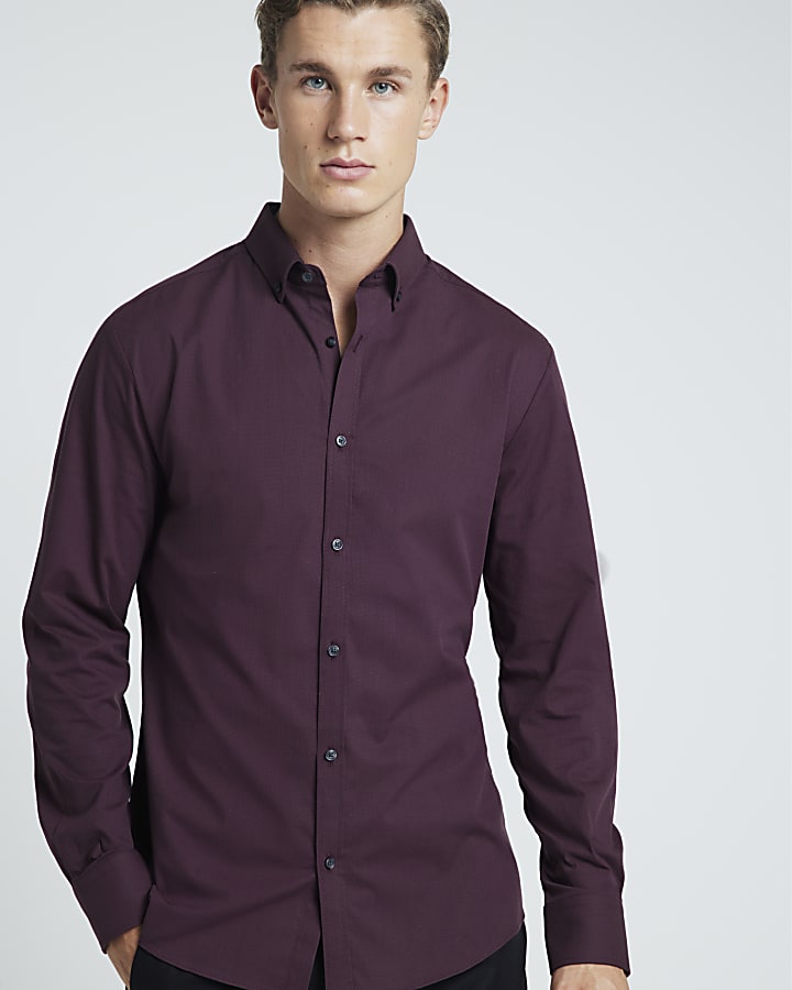Red muscle fit textured long sleeve shirt