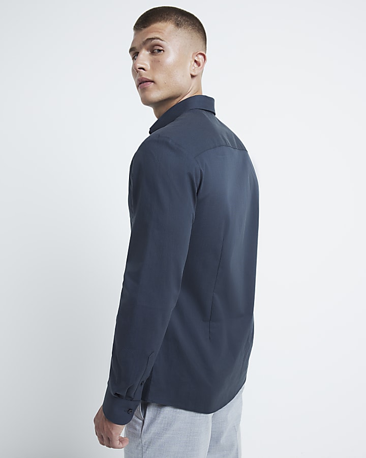 Grey muscle fit textured long sleeve shirt