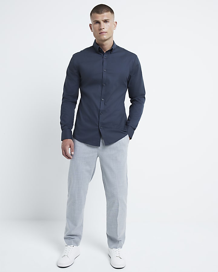 Grey muscle fit textured long sleeve shirt