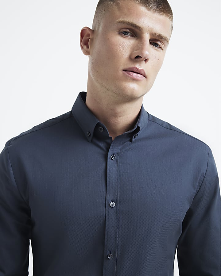 Grey muscle fit textured long sleeve shirt