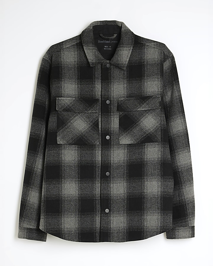 Grey Checked Curved Hem Overshirt