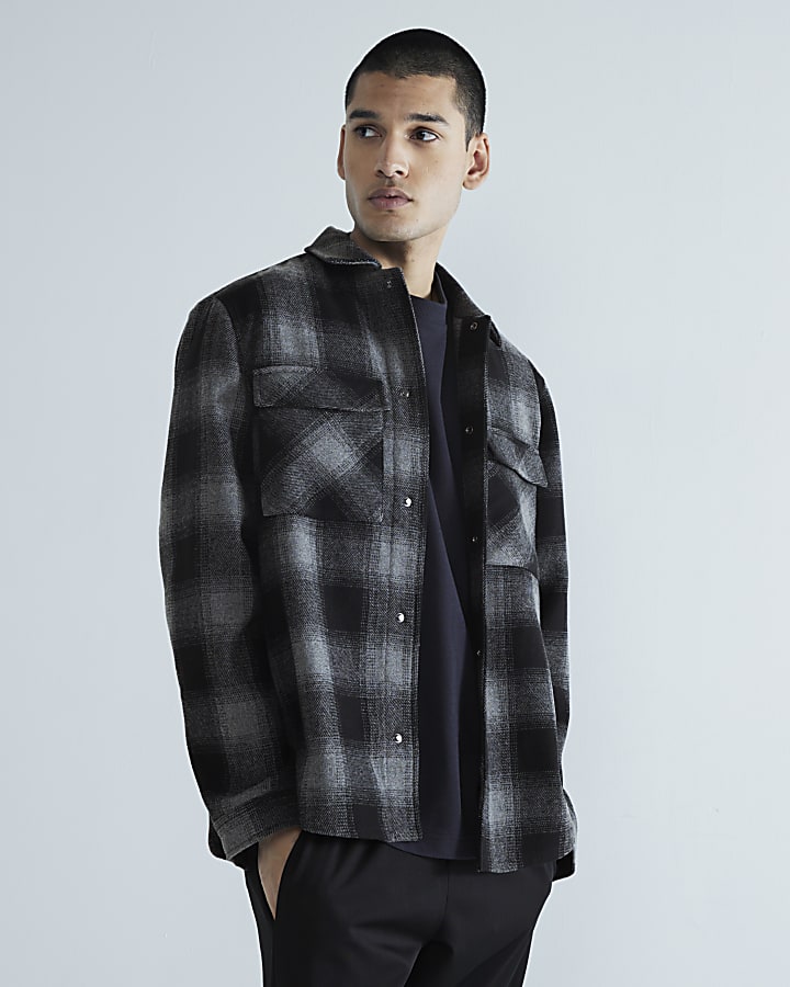 Grey Checked Curved Hem Overshirt