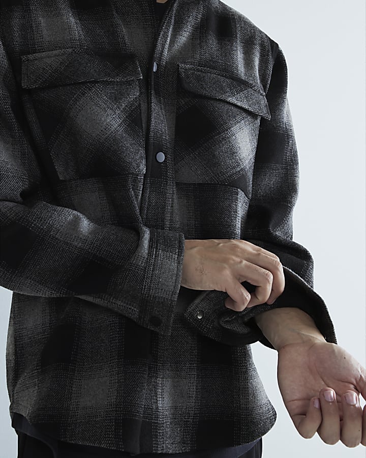 Grey Checked Curved Hem Overshirt