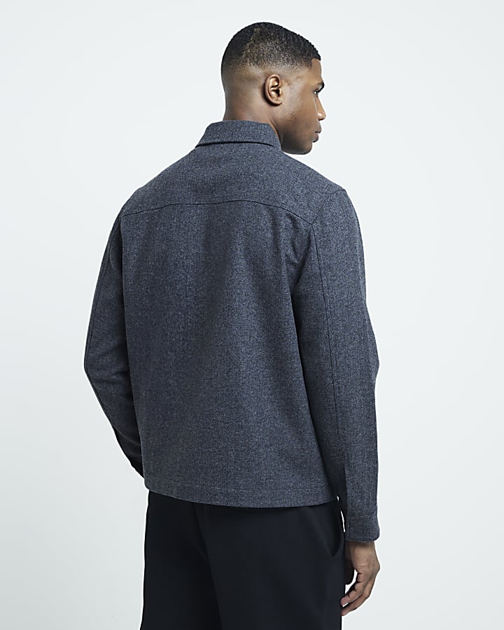 Grey regular fit wool blend flannel shacket