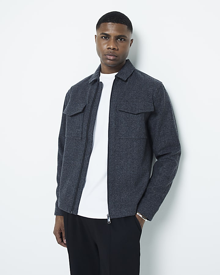 Grey regular fit wool blend flannel shacket