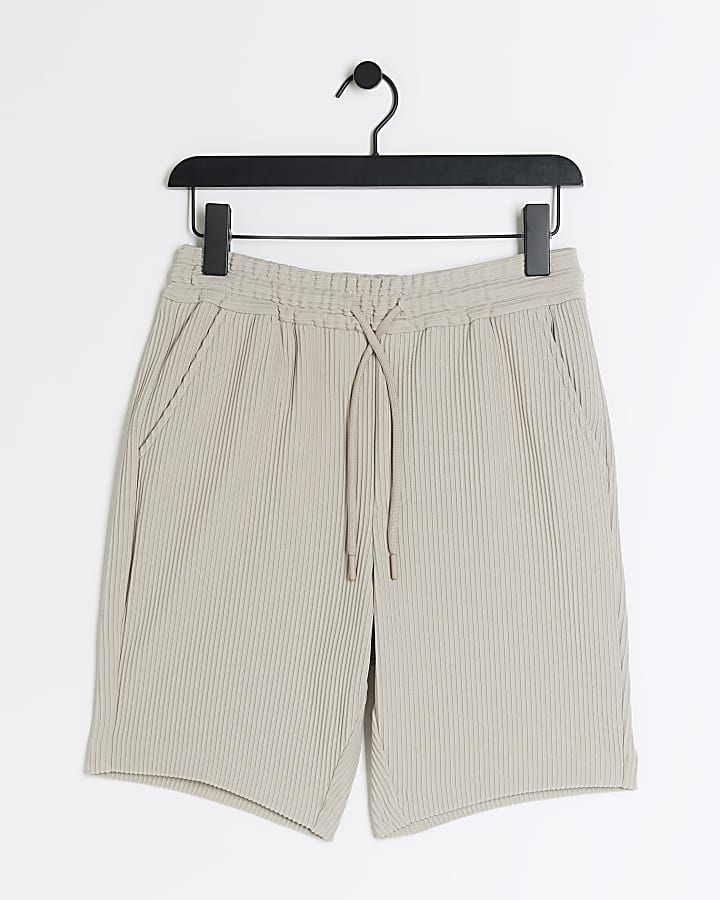 Beige Slim Fit Plisse Elasticated Shorts