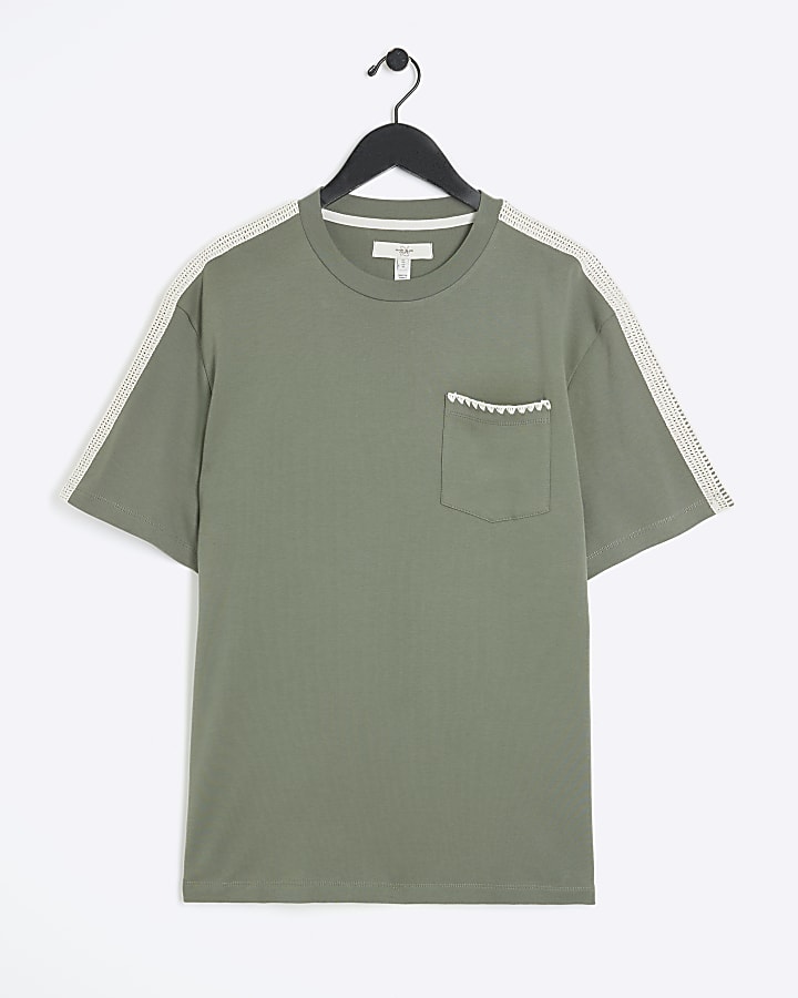 Khaki regular fit crochet trim t-shirt