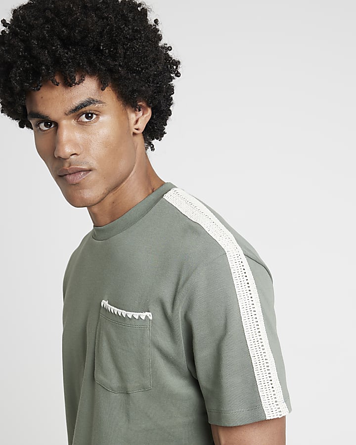 Khaki regular fit crochet trim t-shirt