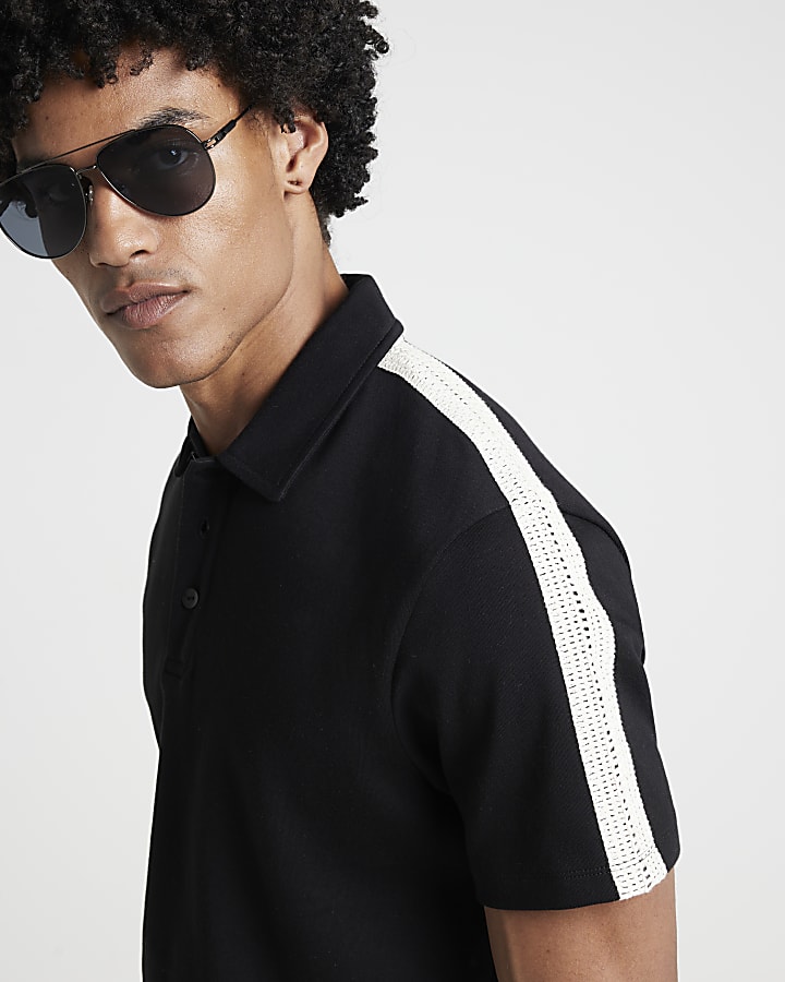 Black regular fit crochet tape polo t-shirt