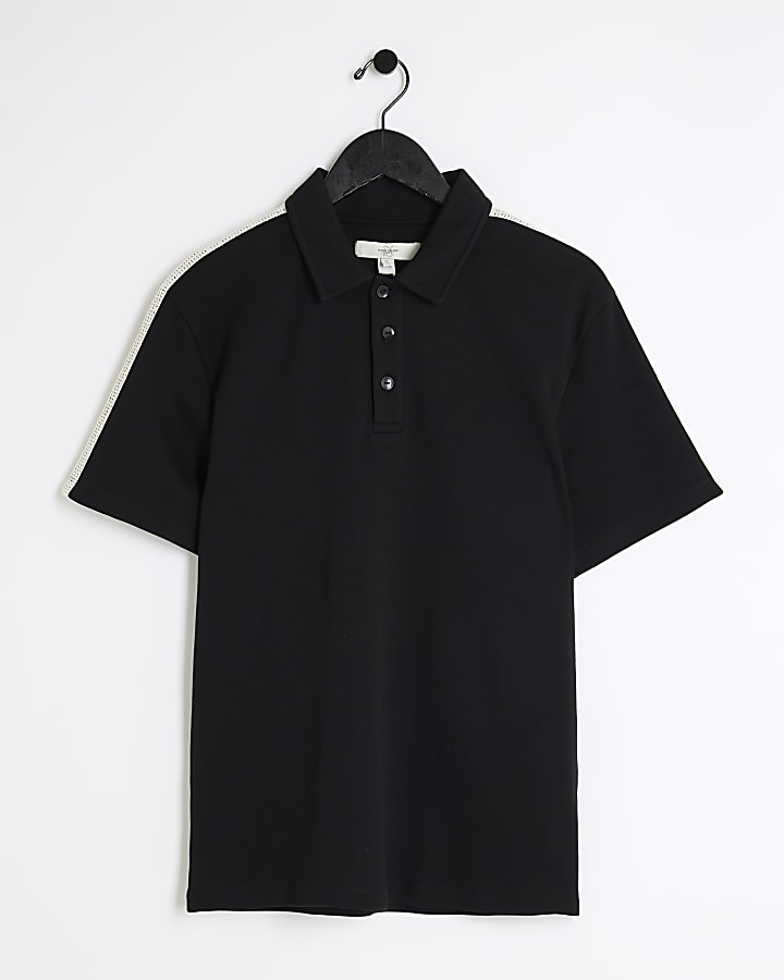 Black regular fit crochet tape polo t-shirt