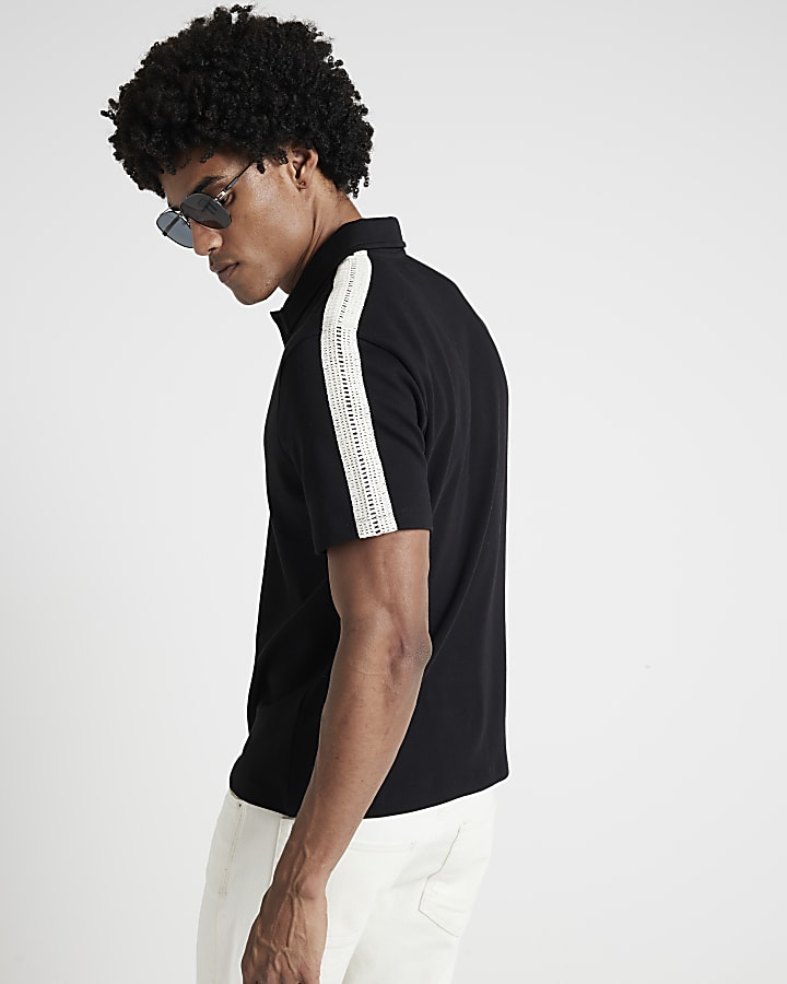 Black regular fit crochet tape polo t-shirt