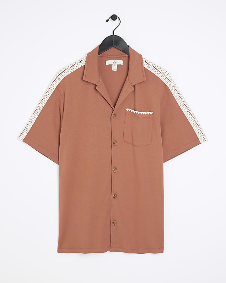 Rust regular fit crochet trim revere shirt