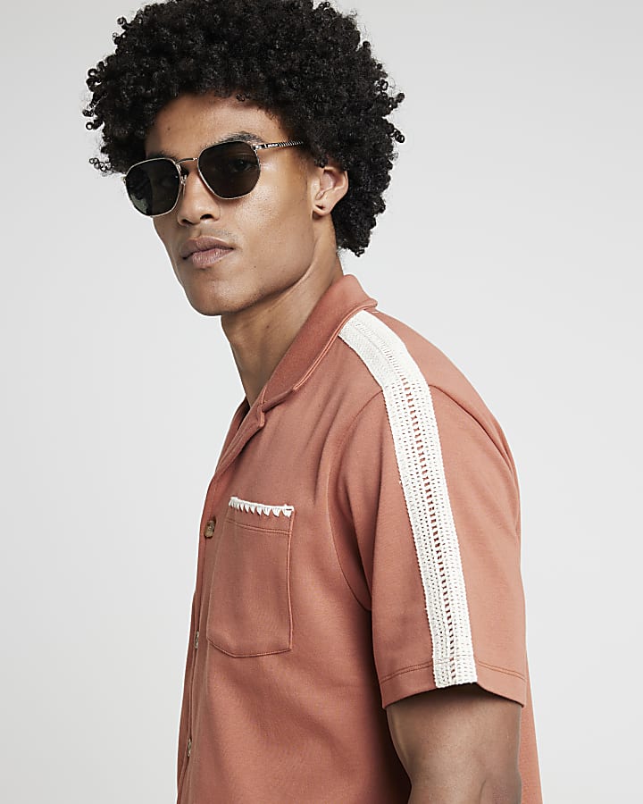 Rust regular fit crochet trim revere shirt