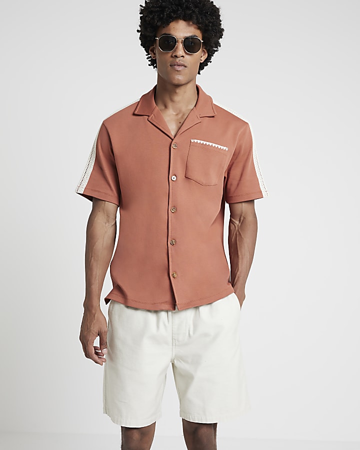 Rust regular fit crochet trim revere shirt