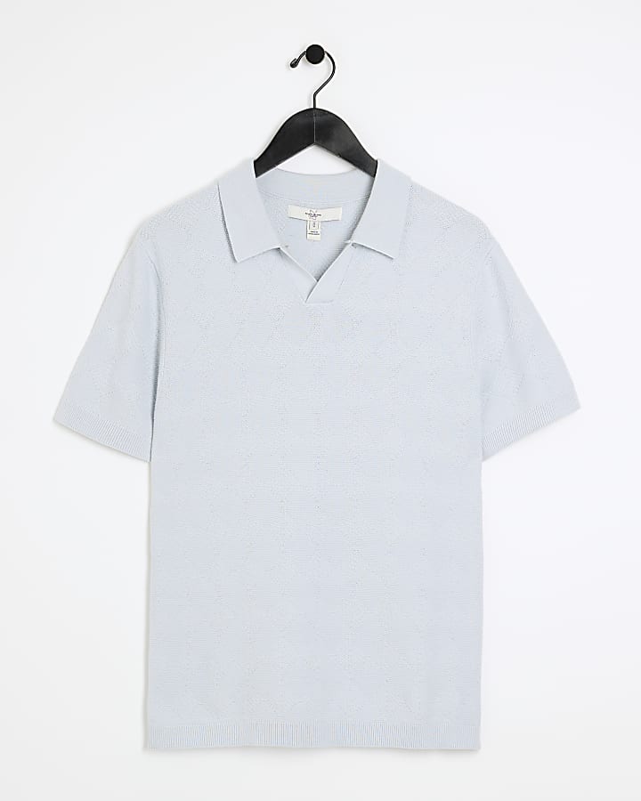 Blue Slim Fit Diamond Stitch Knit Polo Shirt