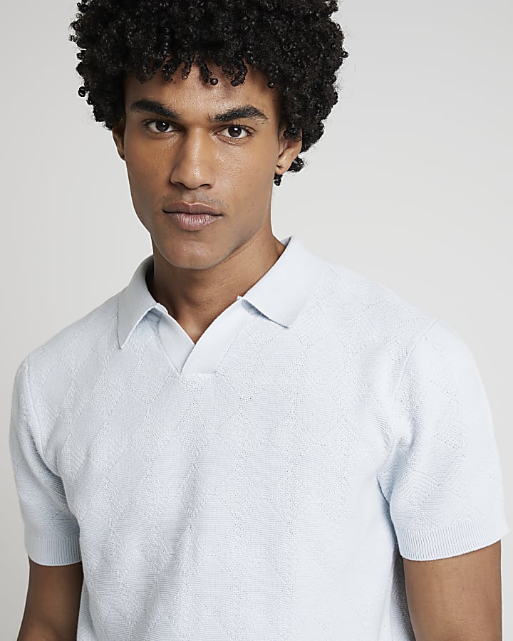 Blue Slim Fit Diamond Stitch Knit Polo Shirt