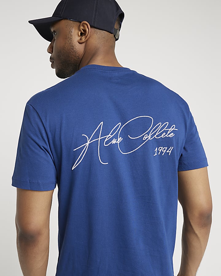 Blue regular fit script graphic t-shirt